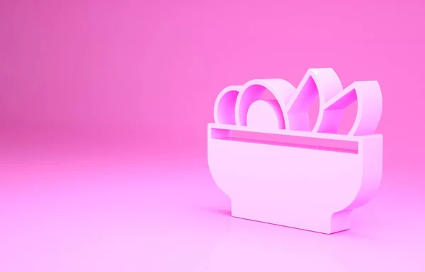 Рожевий Начос на піктограмі тарілок ізольовано на рожевому фоні. Тортильйові чіпси або начос тортилья. Традиційне мексиканське меню фаст-фуду. Концепція мінімалізму. 3D ілюстрація 3D рендеринга — стокове фото