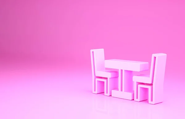 Mesa de madeira rosa com ícone de cadeira isolada no fundo rosa. Café de rua. Conceito de minimalismo. 3D ilustração 3D render — Fotografia de Stock