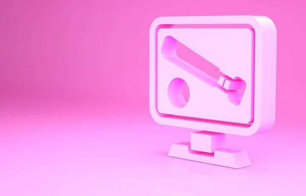 Monitor rosa con pelota de béisbol y bate en el icono de la pantalla aislado sobre fondo rosa. Juego de béisbol en línea. Concepto minimalista. 3D ilustración 3D render —  Fotos de Stock