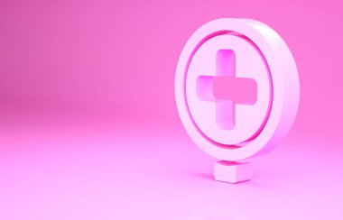 Pembe hastane yol trafik ikonu pembe arka planda izole edilmiş. Trafik kuralları ve güvenli sürüş. Minimalizm kavramı. 3d illüstrasyon 3B canlandırma