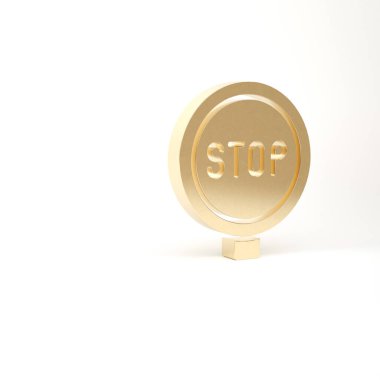 Beyaz arkaplanda Gold Stop simgesi izole edildi. Trafik yönetmeliklerine göre dur işareti. 3d illüstrasyon 3B canlandırma