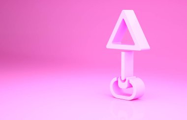 Pembe Üçgen uyarı simgesi pembe arkaplanda izole edildi. Trafik kuralları ve güvenli sürüş. Minimalizm kavramı. 3d illüstrasyon 3B canlandırma