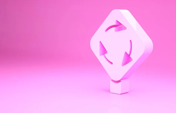 Pinkfarbenes Verkehrssymbol auf rosa Hintergrund. Verkehrszeichen Kreisverkehr. Minimalismus-Konzept. 3D Illustration 3D Renderer — Stockfoto