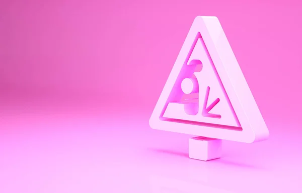 Pink Warning sinal de estrada jogando pedra materiais ícone isolado no fundo rosa. Regras de trânsito e condução segura. Conceito de minimalismo. 3D ilustração 3D render — Fotografia de Stock