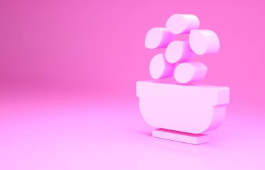 Pembe tohumlar pembe arka planda izole edilmiş kase simgesinde. Minimalizm kavramı. 3d illüstrasyon 3B canlandırma