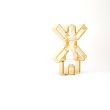 Altın Değirmen simgesi beyaz arkaplanda izole edildi. 3d illüstrasyon 3B canlandırma