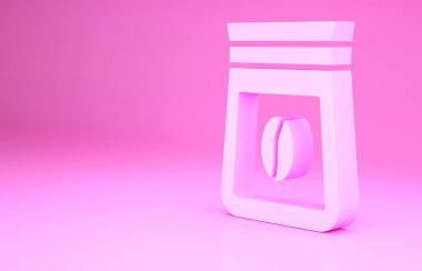 Pembe kahve çekirdeği ikonu pembe arka planda izole edilmiş. Minimalizm kavramı. 3d illüstrasyon 3B canlandırma