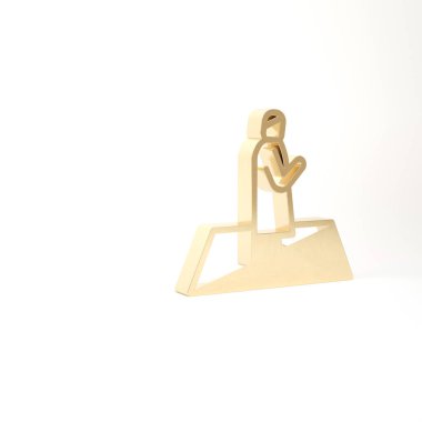 Altın Müslüman adam beyaz arka planda izole edilmiş halı ikonu üzerinde dua ediyor. 3d illüstrasyon 3B canlandırma