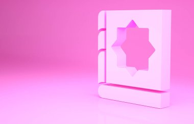 Pembe kutsal Kuran ikonu. Pembe arka planda izole edilmiş. Müslüman bayramı, Kurban Bayramı, Kurban Bayramı, Ramazan Kareem. Minimalizm kavramı. 3d illüstrasyon 3B canlandırma