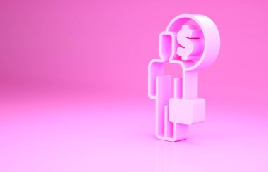 Pembe İş Adamı pembe arka planda izole edilmiş zihin ikonu planlıyor. Dolarlı insan kafası. Para kazanmak için bir fikir. Yatırım artışı. Minimalizm kavramı. 3d illüstrasyon 3B canlandırma