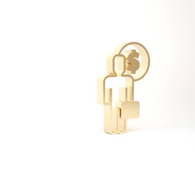 Altın İşadamı, beyaz arka planda izole edilmiş zihin ikonu planlıyor. Dolarlı insan kafası. Para kazanmak için bir fikir. Yatırım artışı. 3d illüstrasyon 3B canlandırma