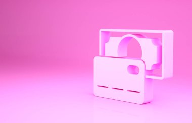Pembe kredi kartı simgesi pembe arka planda izole edilmiş. Çevrimiçi ödeme. Nakit çekilmesi. Finansal operasyonlar. Alışveriş tabelası. Minimalizm kavramı. 3d illüstrasyon 3B canlandırma