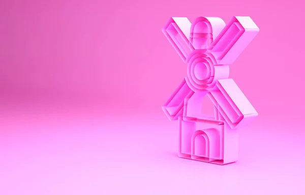 Рожева піктограма Windmill ізольована на рожевому фоні. Концепція мінімалізму. 3D ілюстрація 3D рендеринга — стокове фото