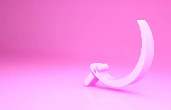 Icona falce rosa isolata su sfondo rosa. Raccogliere il segnale del gancio. Concetto minimalista. Illustrazione 3d rendering 3D — Foto Stock