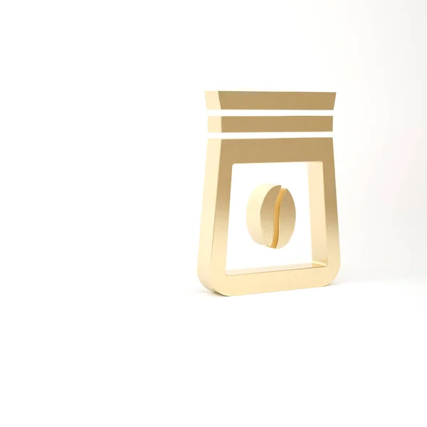 Χρυσή τσάντα με κόκκους καφέ εικονίδιο απομονώνονται σε λευκό φόντο. 3d απεικόνιση 3D καθιστούν — Φωτογραφία Αρχείου
