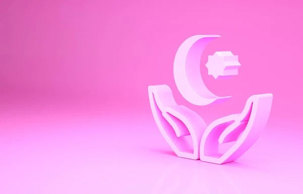 Estrela rosa e crescente - símbolo do ícone do Islã isolado no fundo rosa. Símbolo religioso. Conceito de minimalismo. 3D ilustração 3D render — Fotografia de Stock