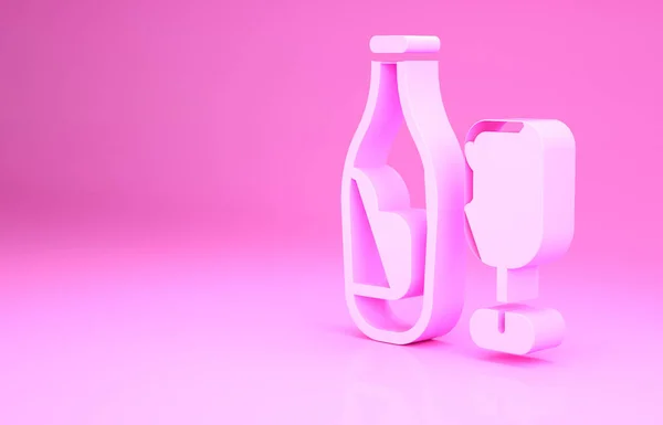 Garrafa de vinho rosa com ícone de vidro isolado no fundo rosa. Conceito de minimalismo. 3D ilustração 3D render — Fotografia de Stock