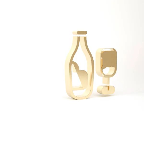 Láhev zlatého vína se skleněnou ikonou izolovanou na bílém pozadí. 3D ilustrace 3D vykreslení — Stock fotografie