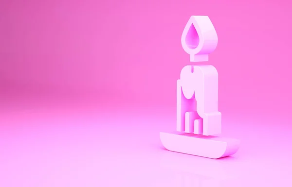 Значок розовой горящей свечи изолирован на розовом фоне. Цилиндрическая свеча с горящим пламенем. Концепция минимализма. 3D-рендеринг — стоковое фото