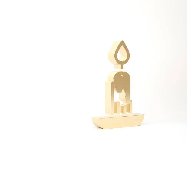 Ícone de vela queimando ouro isolado no fundo branco. Vela cilíndrica com chama ardente. 3D ilustração 3D render — Fotografia de Stock