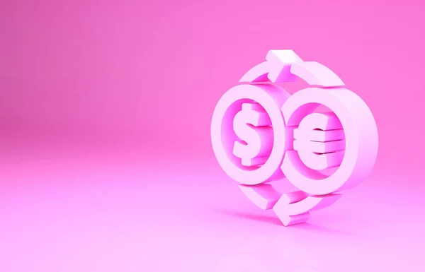 粉红色背景下孤立的粉色货币交换图标。欧元和美元现金转移符号。银行货币标志。最低纲领的概念。3D渲染3D插图 — 图库照片