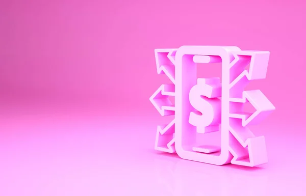 Smartphone rosa con símbolo de dólar icono aislado sobre fondo rosa. Concepto de compras online. Icono financiero del teléfono móvil. Pago en línea. Concepto minimalista. 3D ilustración 3D render — Foto de Stock