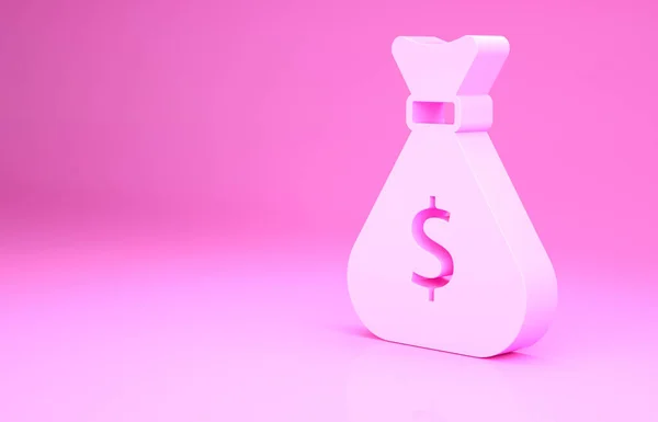 Ikona Pink Money worek izolowany na różowym tle. Symbol dolara lub USD. Znak waluty Cash Banking. Koncepcja minimalizmu. Ilustracja 3D 3D renderowania — Zdjęcie stockowe