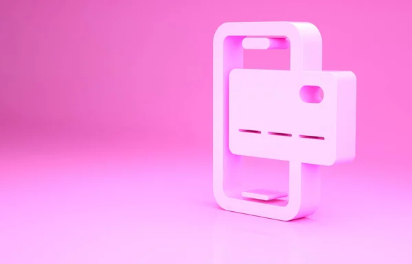 Pink Mobile banking icon isolated on pink background. Transfer money through mobile banking on the mobile phone screen. Minimalism concept. 3d illustration 3D render