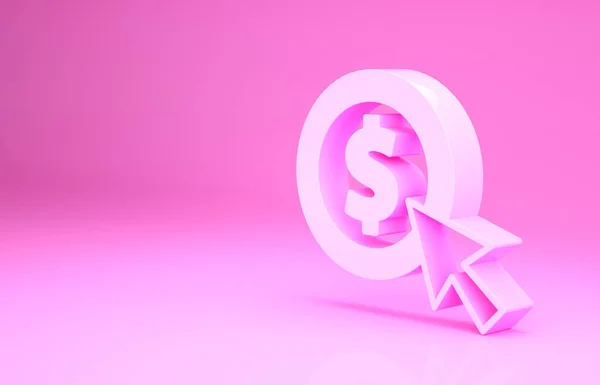 Růžové mince peníze s ikonou symbol dolaru izolované na růžovém pozadí. Bankovní směnka. Hotovostní symbol. Minimalismus. 3D ilustrace 3D vykreslení — Stock fotografie