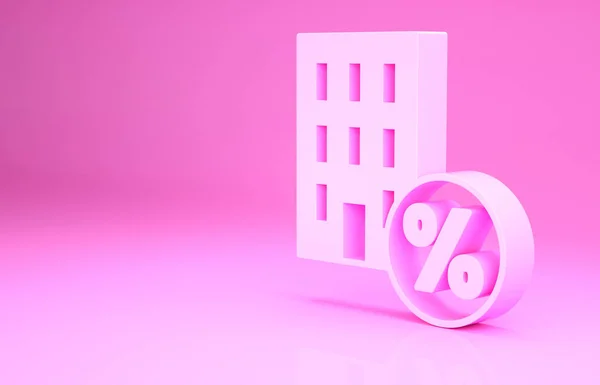 Pink House com ícone de tag de desconto percant isolado no fundo rosa. Lar imobiliário. Símbolo de percentagem de crédito. Conceito de minimalismo. 3D ilustração 3D render — Fotografia de Stock