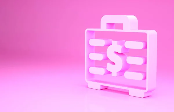 핑크 브라이 플 케이스와 돈의 아이콘은 핑크 배경에서 분리되었습니다. 사업 관련 서류요. 사업 포트폴리오. 미니멀리즘의 개념입니다. 3d 삽화 3D 렌더링 — 스톡 사진