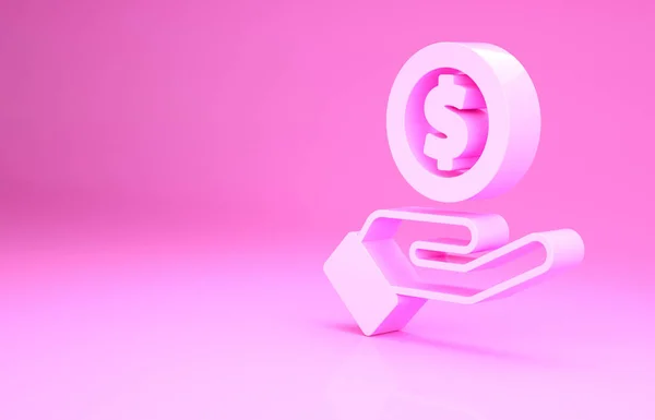 Růžová lidská ruka dává peníze ikona izolované na růžovém pozadí. Přijímám ikonu peněz. Minimalismus. 3D ilustrace 3D vykreslení — Stock fotografie