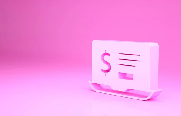 Ordinateur portable rose avec icône dollar isolé sur fond rose. Envoi d'argent dans le monde entier, transfert d'argent, services bancaires en ligne, transactions financières. Concept de minimalisme. Illustration 3D rendu 3D — Photo