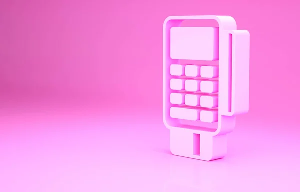 Pink POS τερματικό με ενσωματωμένη πιστωτική κάρτα και τυπωμένη reciept εικονίδιο απομονώνονται σε ροζ φόντο. Έννοια πληρωμής NFC. Μινιμαλιστική έννοια. 3d απεικόνιση 3D καθιστούν — Φωτογραφία Αρχείου