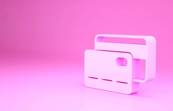 Icono de tarjeta de crédito rosa aislado sobre fondo rosa. Pago en línea. Retiro de efectivo. Operaciones financieras. Señal de compra. Concepto minimalista. 3D ilustración 3D render — Foto de Stock
