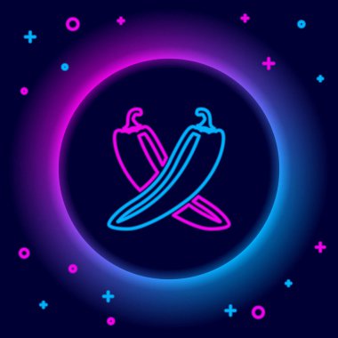 Parlayan neon hattı siyah arka planda izole edilmiş sıcak kırmızı biber kabuğu simgesini geçti. Market, mutfak ürünleri, baharat ve baharat paketi için tasarım. Renkli taslak konsepti. Vektör