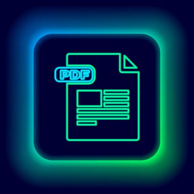 Parlayan neon hattı PDF dosya belgesi. Siyah arkaplanda pdf simgesi indir. PDF dosya simgesi. Renkli taslak konsepti. Vektör