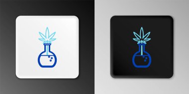 Gri arka planda marihuana ya da kenevir yaprağı ikonu bulunan Line Chemical test tüpü. Araştırma konsepti. Laboratuvar CBD yağ konsepti. Renkli taslak konsepti. Vektör