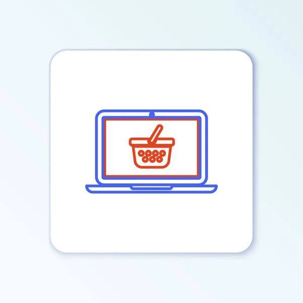 Line Winkelwagen Scherm Laptop Pictogram Geïsoleerd Witte Achtergrond Concept Commerce — Stockvector