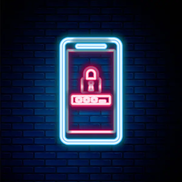 发光的霓虹灯线手机和密码保护图标隔离在砖墙背景 个人访问 用户授权 五彩缤纷的概念 — 图库矢量图片
