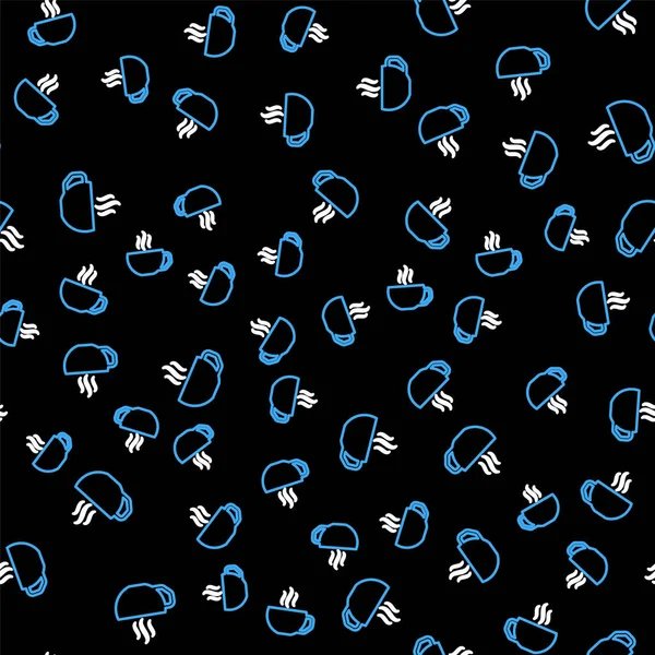 Çizgili kahve fincanı ikonu siyah arka planda izole edilmiş pürüzsüz desen. Çay fincanı. Sıcak içecek kahvesi. Vektör