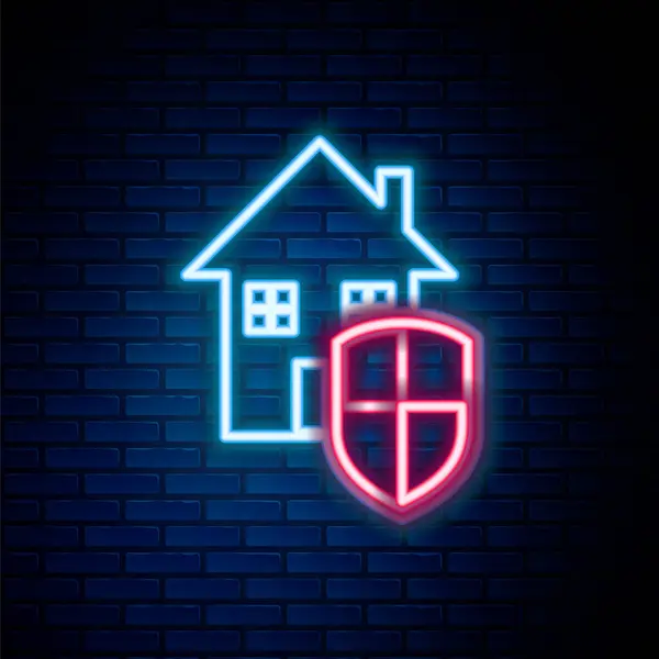 发光的霓虹灯线房子在保护图标隔离在砖墙背景 家和盾牌 防御概念 五彩缤纷的概念 — 图库矢量图片