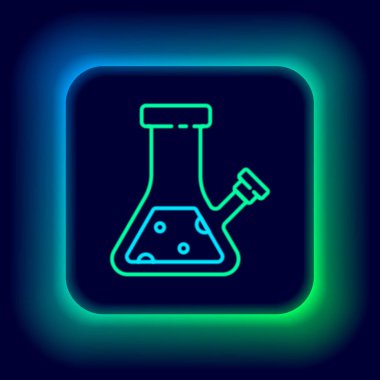 Esrar ya da kenevir ikonu içmek için siyah arka planda izole edilmiş parlak neon hattı Glass bong. Renkli taslak konsepti. Vektör