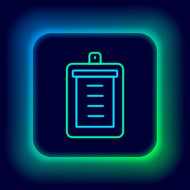 Siyah arkaplanda izole edilmiş kontrol listesi simgesiyle parlayan neon çizgi panosu. Kontrol listesi sembolü. Anket anketi ya da anket geri bildirim formu. Renkli taslak konsepti. Vektör