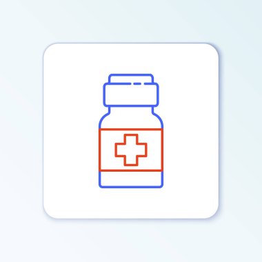 Hat ilacı şişesi ve beyaz arka planda izole edilmiş hap ikonu. İlaç paketi. Tablet, vitamin, antibiyotik, aspirin. Renkli taslak konsepti. Vektör