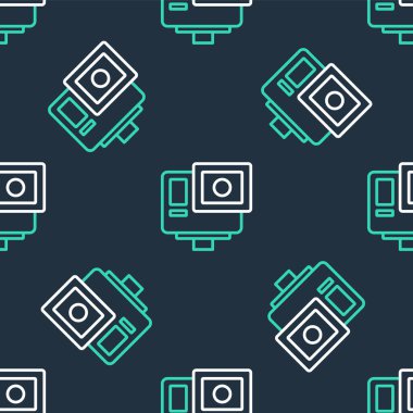 Çizgi Eylemi ekstrem kamera simgesi siyah arkaplandaki kusursuz deseni izole etti. Ekstrem sporları çekmek için video kamera ekipmanı. Vektör