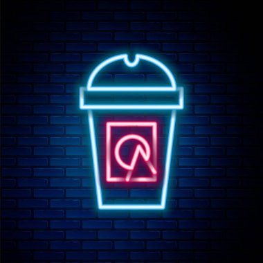 Parlayan neon hatlı kahve fincanı tuğla duvar arkasında izole edilmiş bir ikon haline gelecek. Baskıyı kaldır. Renkli taslak konsepti. Vektör