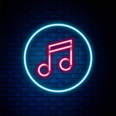 Parlayan neon hattı Müzik notası, ton simgesi tuğla duvar arka planında izole edilmiş. Renkli taslak konsepti. Vektör