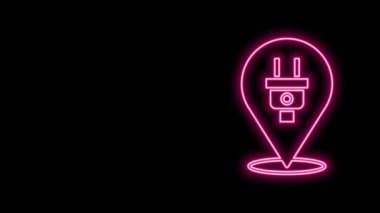 Parlayan neon hattı elektrik prizi simgesi siyah arkaplanda izole edildi. Bağlantı kavramı ve elektriğin kesilmesi. 4K Video hareketli grafik canlandırması