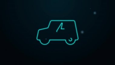 Parlak neon hattı elektrikli araba ve elektrik kablosu şarj ikonu siyah arka planda izole edildi. Yenilenebilir ekolojik teknolojiler. 4K Video hareketli grafik canlandırması